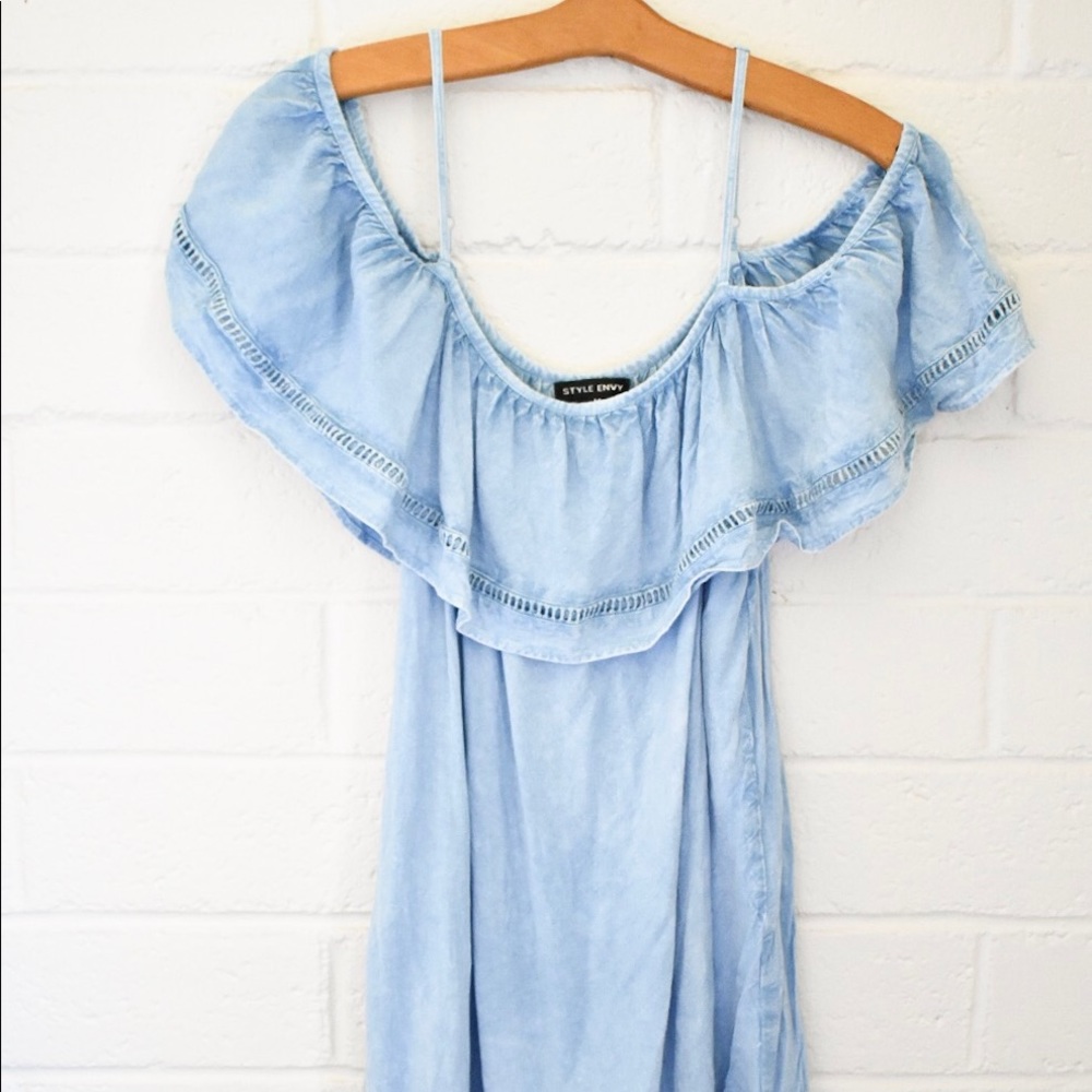 Light wash denim summer off the shoulder dress